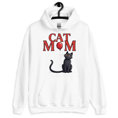 Cat Mom Hoodie with Black Cat and Balloon Design | Cozy and Stylish Cat Lover Sweatshirt