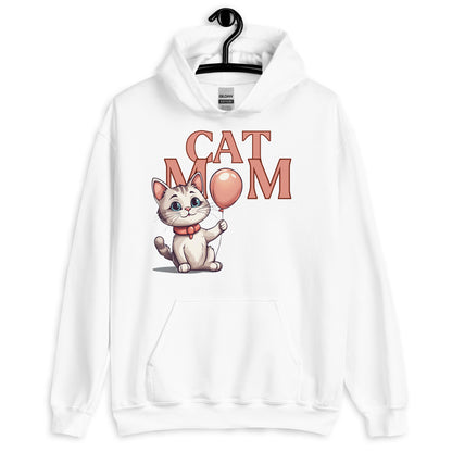 Cat Mom Hoodie with Balloon Design | Cute White Cat Mom Sweatshirt