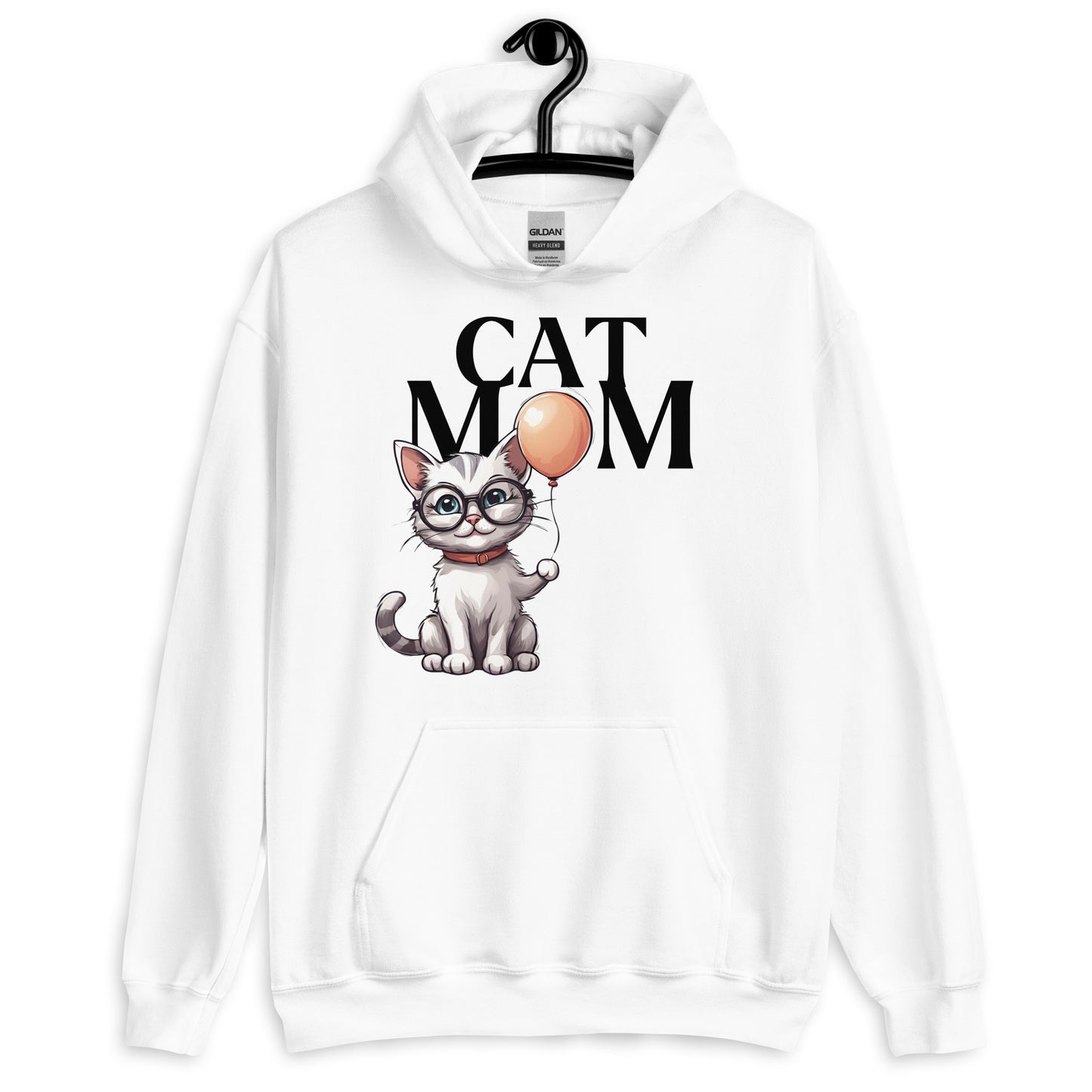 Cat Mom Hoodie with Cartoon Cat and Balloon Design | Cute Cat Lover Sweatshirt