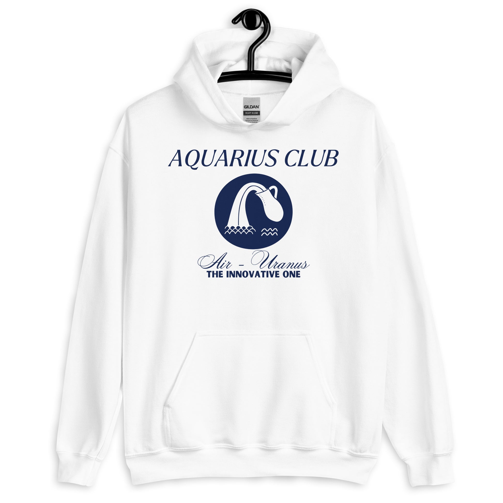 White Aquarius Club hoodie featuring a minimalist design of the Aquarius symbol with text 'Air - Uranus, The Innovative One' in a retro-inspired style.