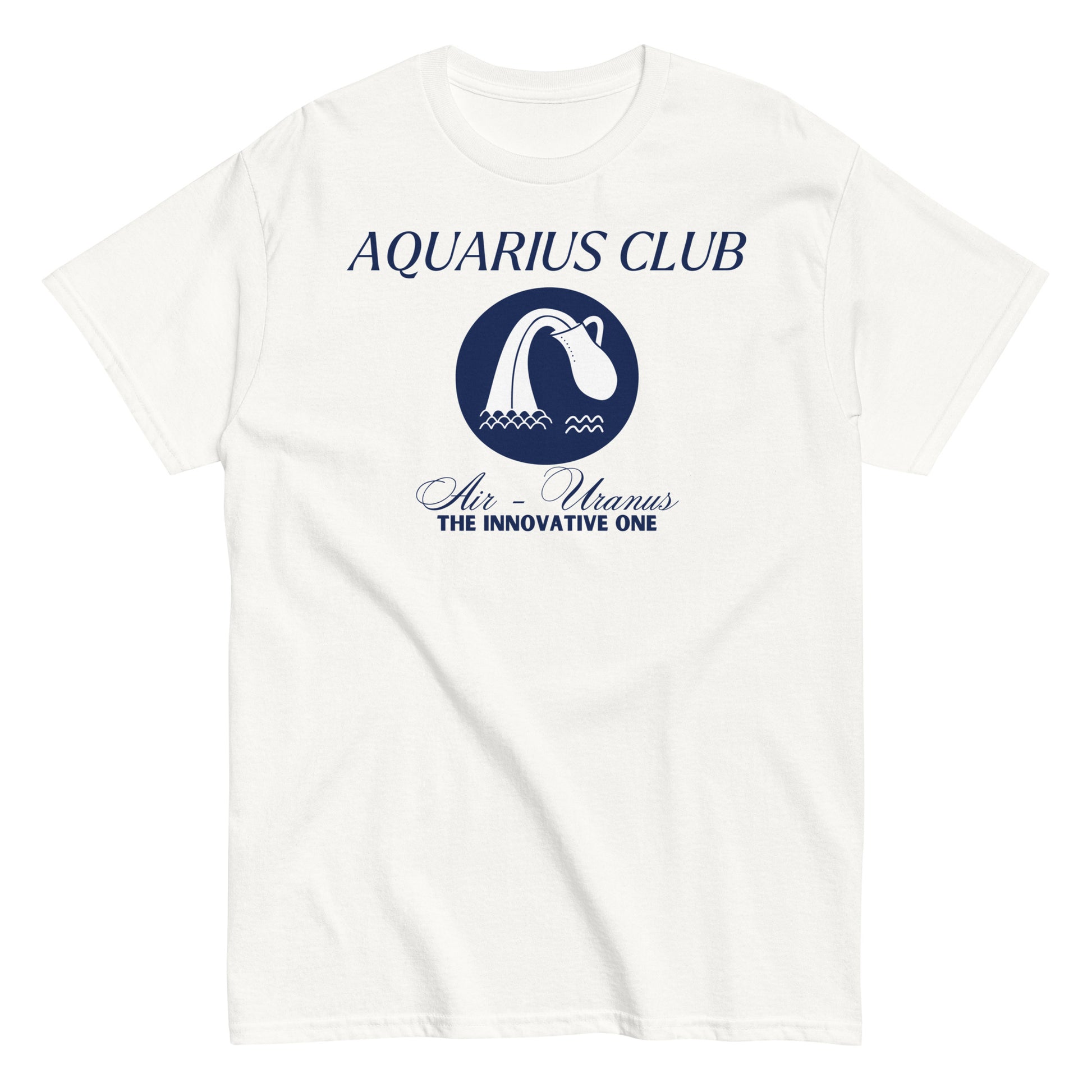 White Aquarius Club t-shirt with blue Aquarius symbol, Air element, Uranus ruling planet, and 'The Innovative One' text.