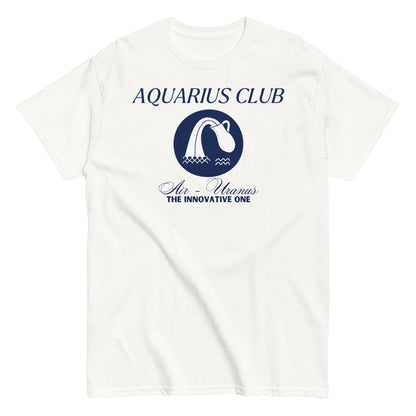 White Aquarius Club t-shirt with blue Aquarius symbol, Air element, Uranus ruling planet, and 'The Innovative One' text.