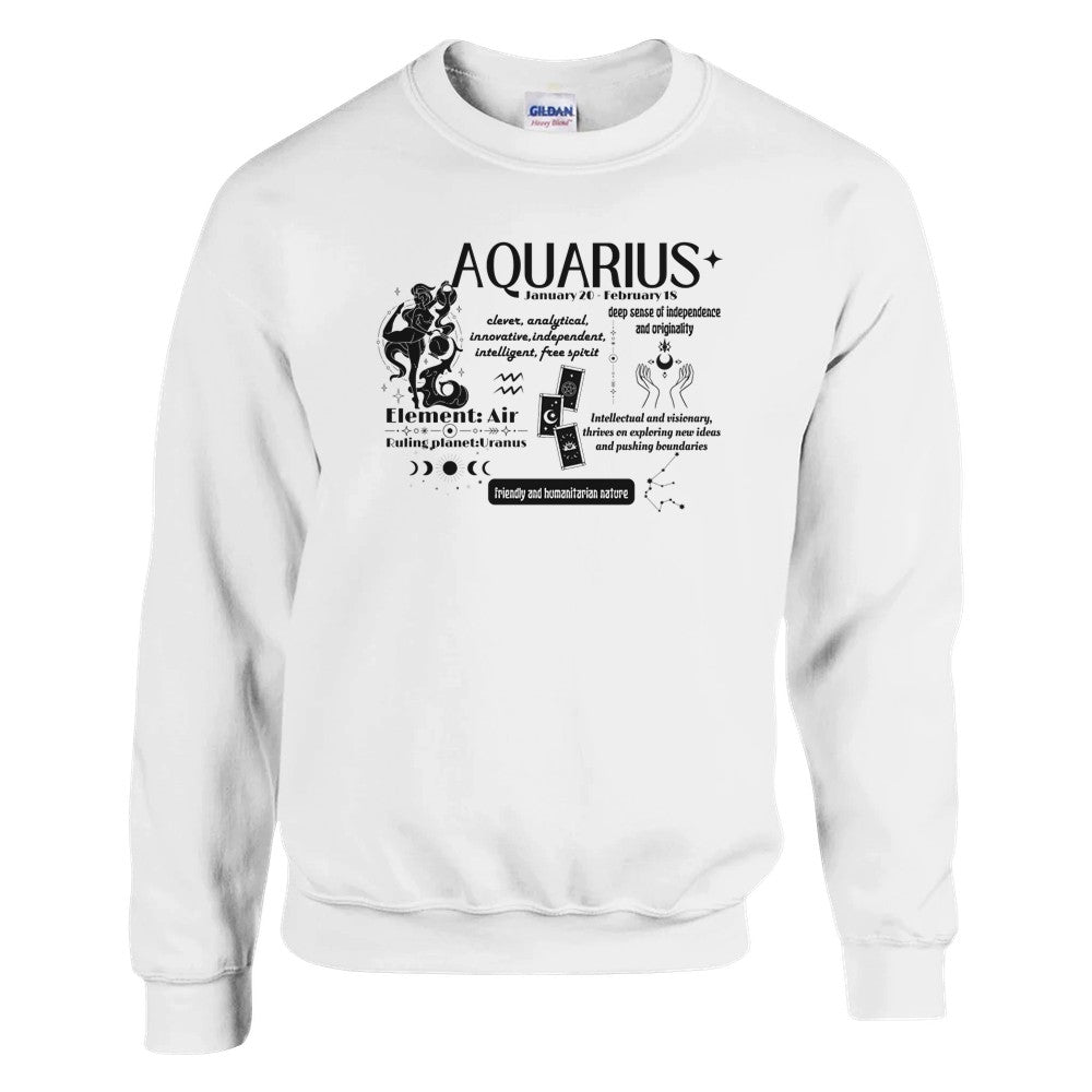 White sweatshirt featuring a retro Aquarius design. Includes the word 'Aquarius' along with the birth dates, core traits like 'clever,' 'independent,' and 'humanitarian,' and symbols for the Air element and ruling planet Uranus. The design is complemented by celestial illustrations, highlighting Aquarius's innovative and visionary spirit.