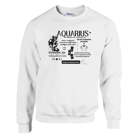 White sweatshirt featuring a retro Aquarius design. Includes the word 'Aquarius' along with the birth dates, core traits like 'clever,' 'independent,' and 'humanitarian,' and symbols for the Air element and ruling planet Uranus. The design is complemented by celestial illustrations, highlighting Aquarius's innovative and visionary spirit.