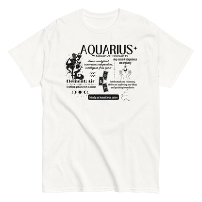 White t-shirt featuring an Aquarius-themed retro design. Includes the phrase 'Aquarius' with key Aquarius traits like 'clever,' 'innovative,' and 'free spirit,' along with symbols representing the Air element and ruling planet Uranus. Text emphasizes Aquarius’s friendly, independent, and humanitarian nature, complemented by a unique, celestial-inspired illustration.