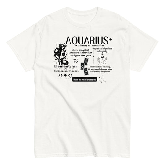 White t-shirt featuring an Aquarius-themed retro design. Includes the phrase 'Aquarius' with key Aquarius traits like 'clever,' 'innovative,' and 'free spirit,' along with symbols representing the Air element and ruling planet Uranus. Text emphasizes Aquarius’s friendly, independent, and humanitarian nature, complemented by a unique, celestial-inspired illustration.