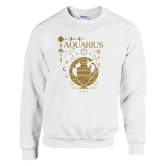 White Aquarius sweatshirt with brown Aquarius symbol, celestial decorations, and zodiac elements.