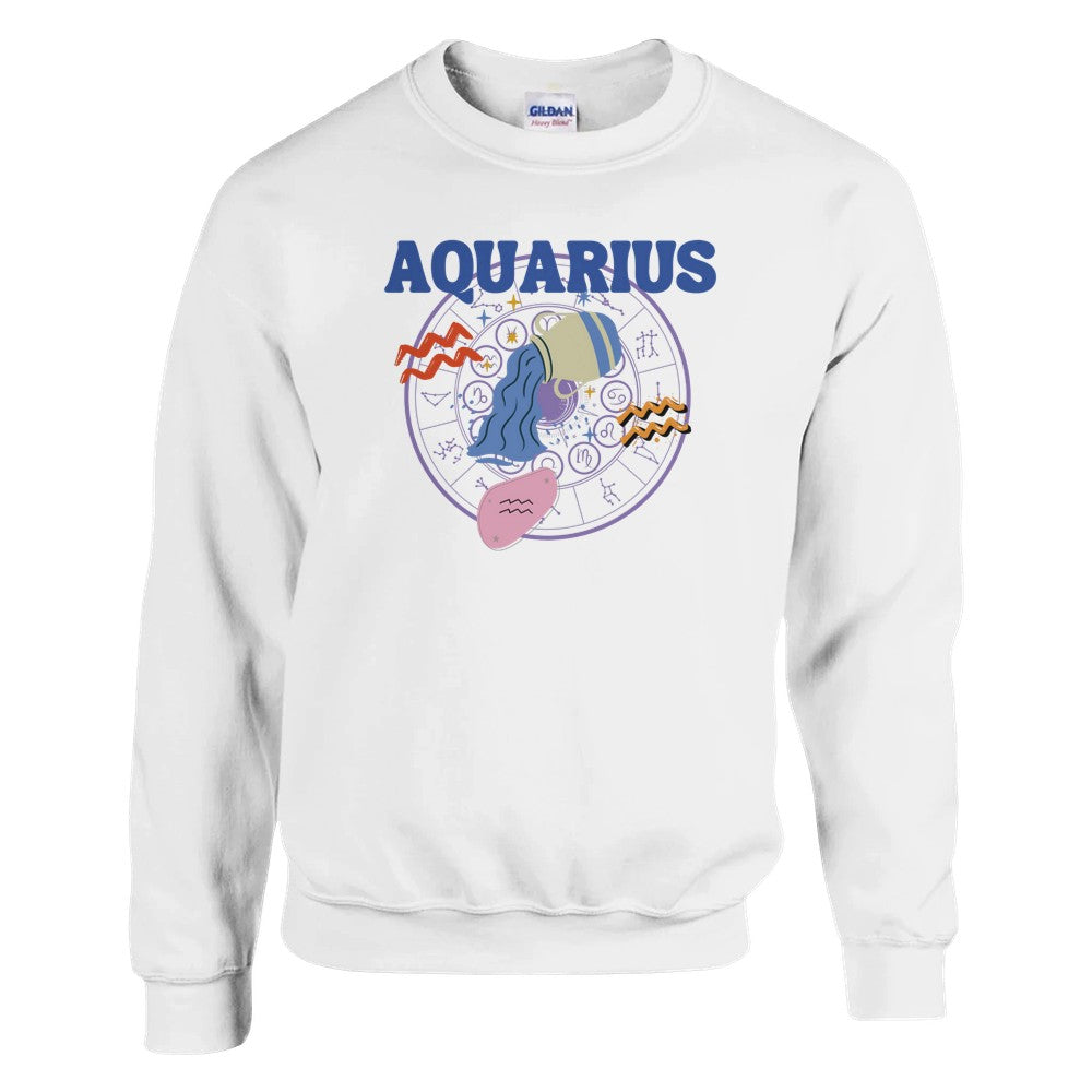 White Aquarius sweatshirt with colorful Aquarius symbol, zodiac wheel, and bold 'Aquarius' text.