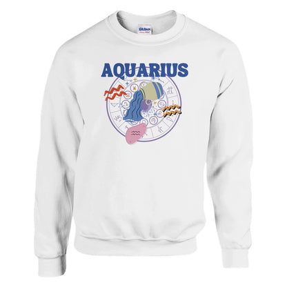 White Aquarius sweatshirt with colorful Aquarius symbol, zodiac wheel, and bold 'Aquarius' text.