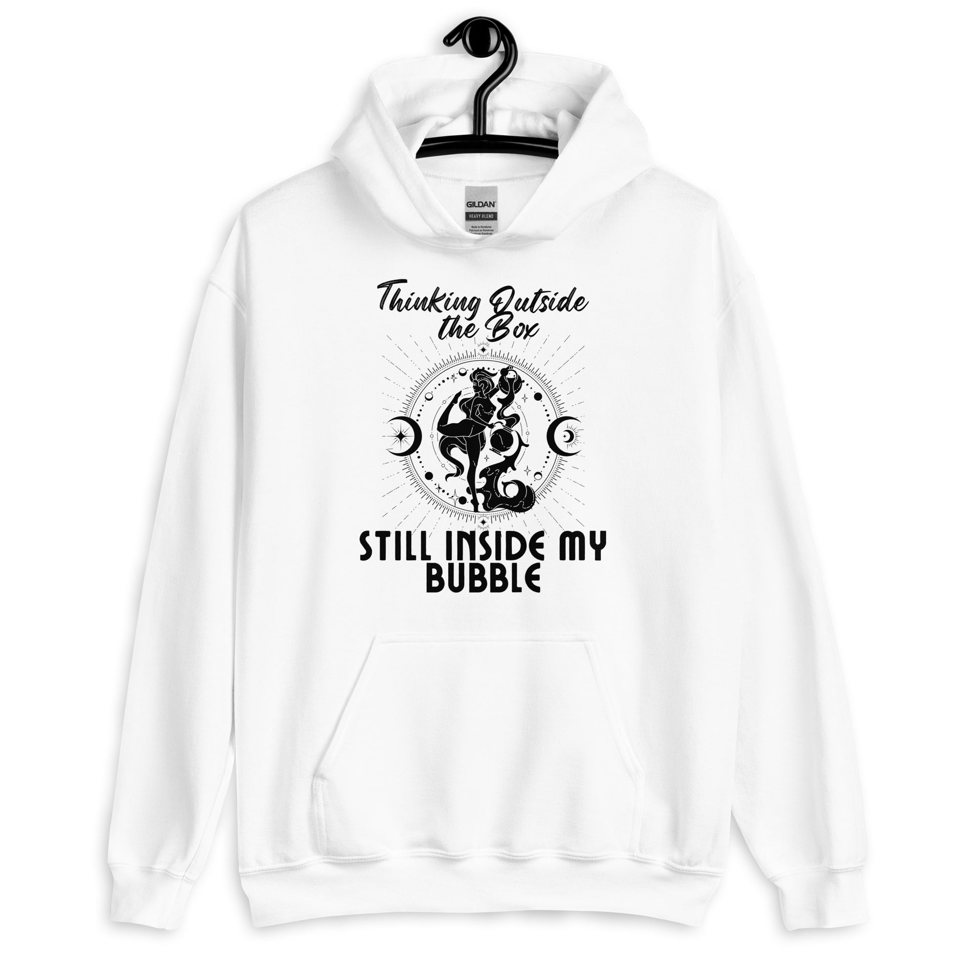 White Aquarius hoodie featuring 'Thinking Outside the Box, Still Inside My Bubble' text with retro-style Aquarius water-bearer illustration in black colour.