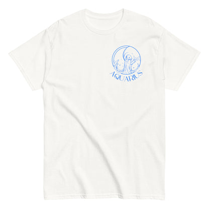 Front of white Aquarius t-shirt with blue Aquarius symbol and zodiac design.