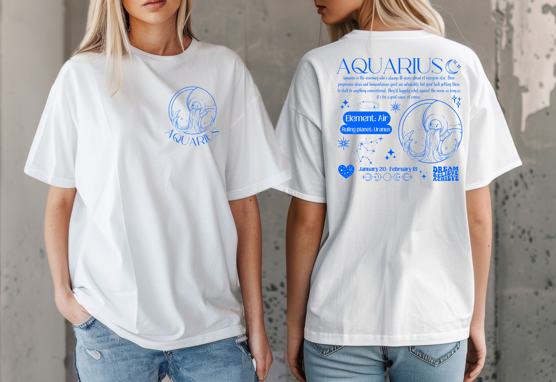 White Aquarius t-shirt with blue zodiac design, featuring Aquarius symbol, Air element, Uranus ruling planet, and inspirational text.