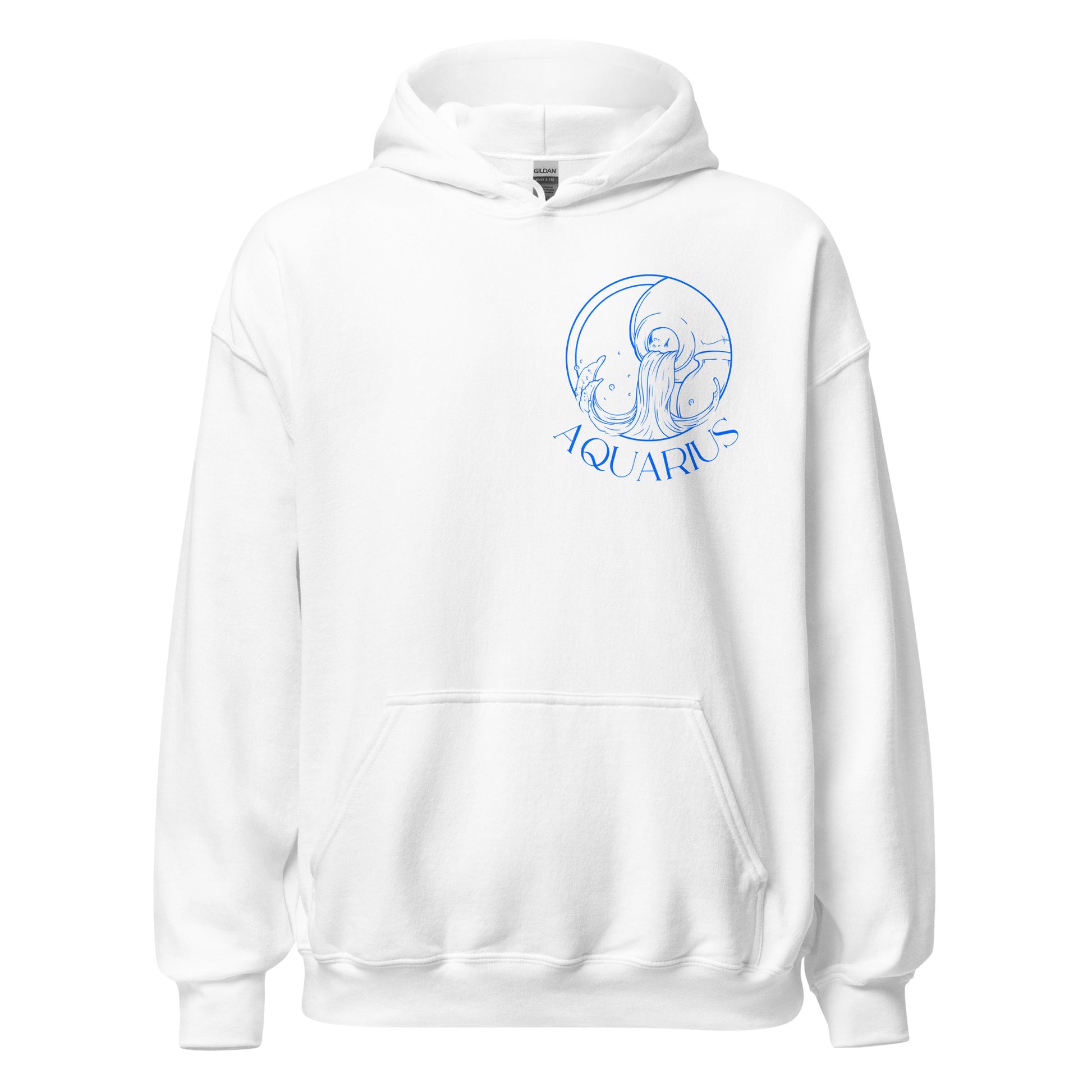 Front of white Aquarius Y2K hoodie with blue retro Aquarius symbol and zodiac design.