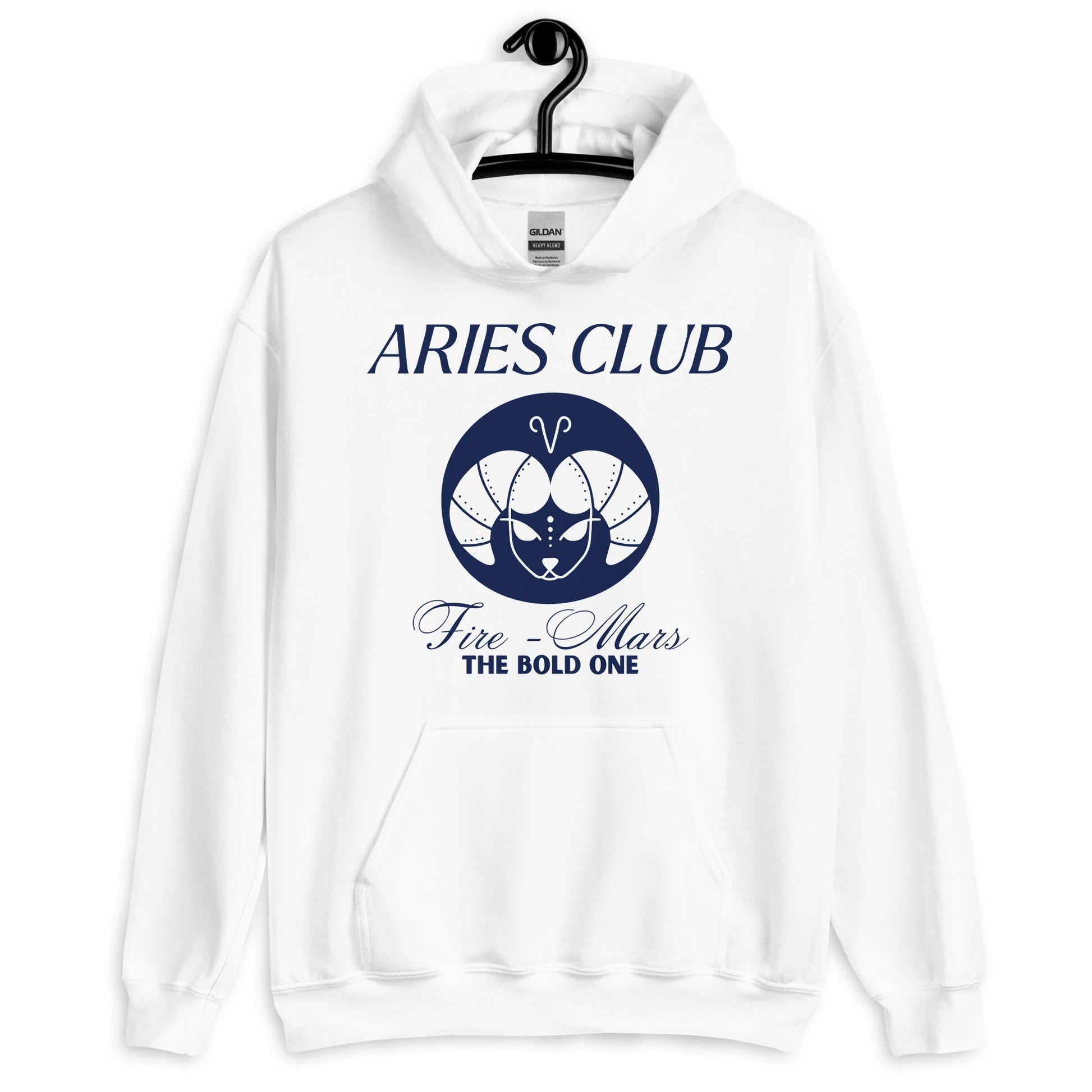 White Aries Club hoodie with blue zodiac ram design, Fire element, Mars ruling planet, and text 'The Bold One.