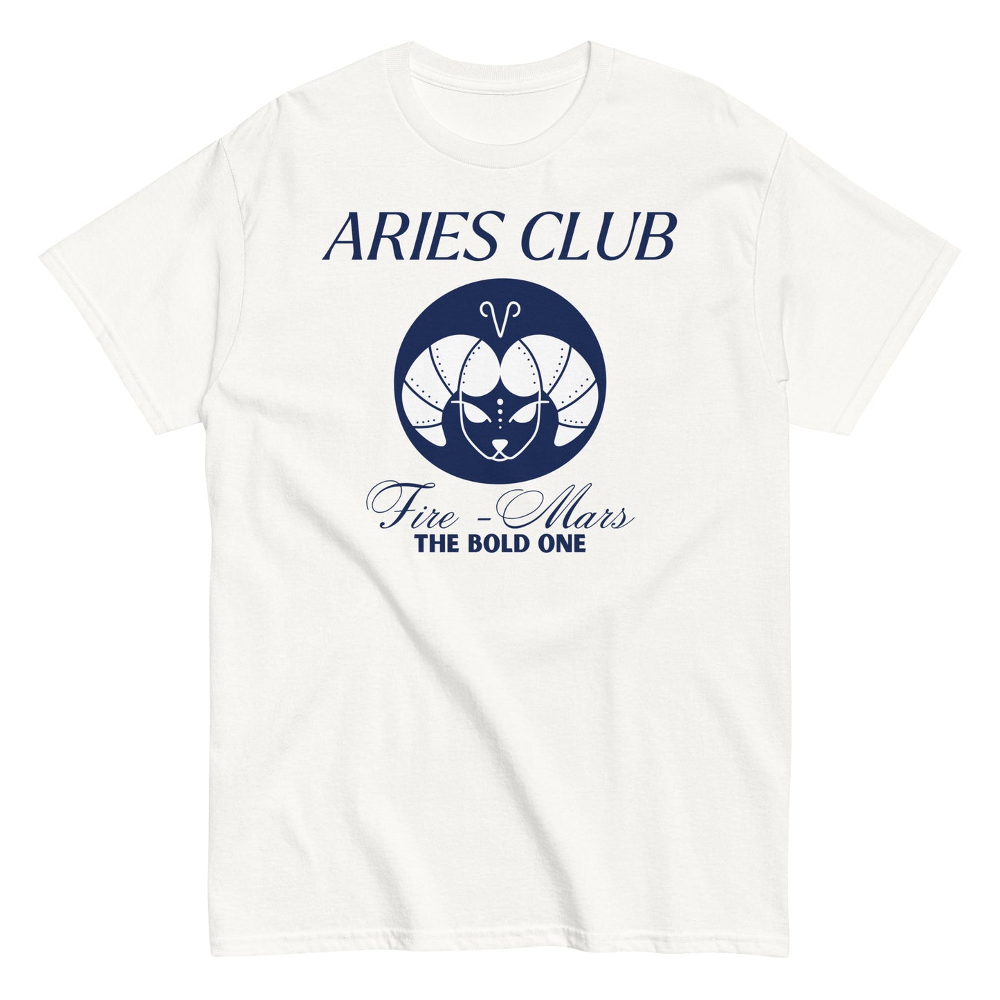 White Aries Club t-shirt with blue zodiac ram design, Fire element, Mars ruling planet, and text 'The Bold One