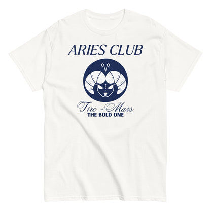 White Aries Club t-shirt with blue zodiac ram design, Fire element, Mars ruling planet, and text 'The Bold One