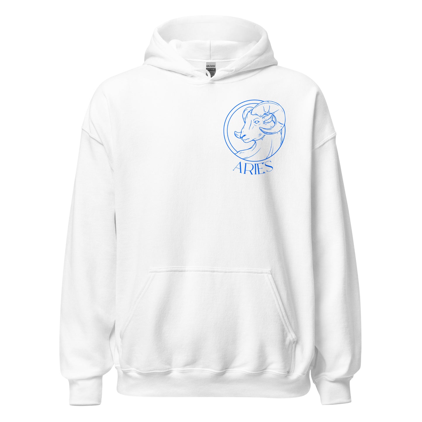 Front of white Aries hoodie with blue zodiac ram symbol and Aries text design.