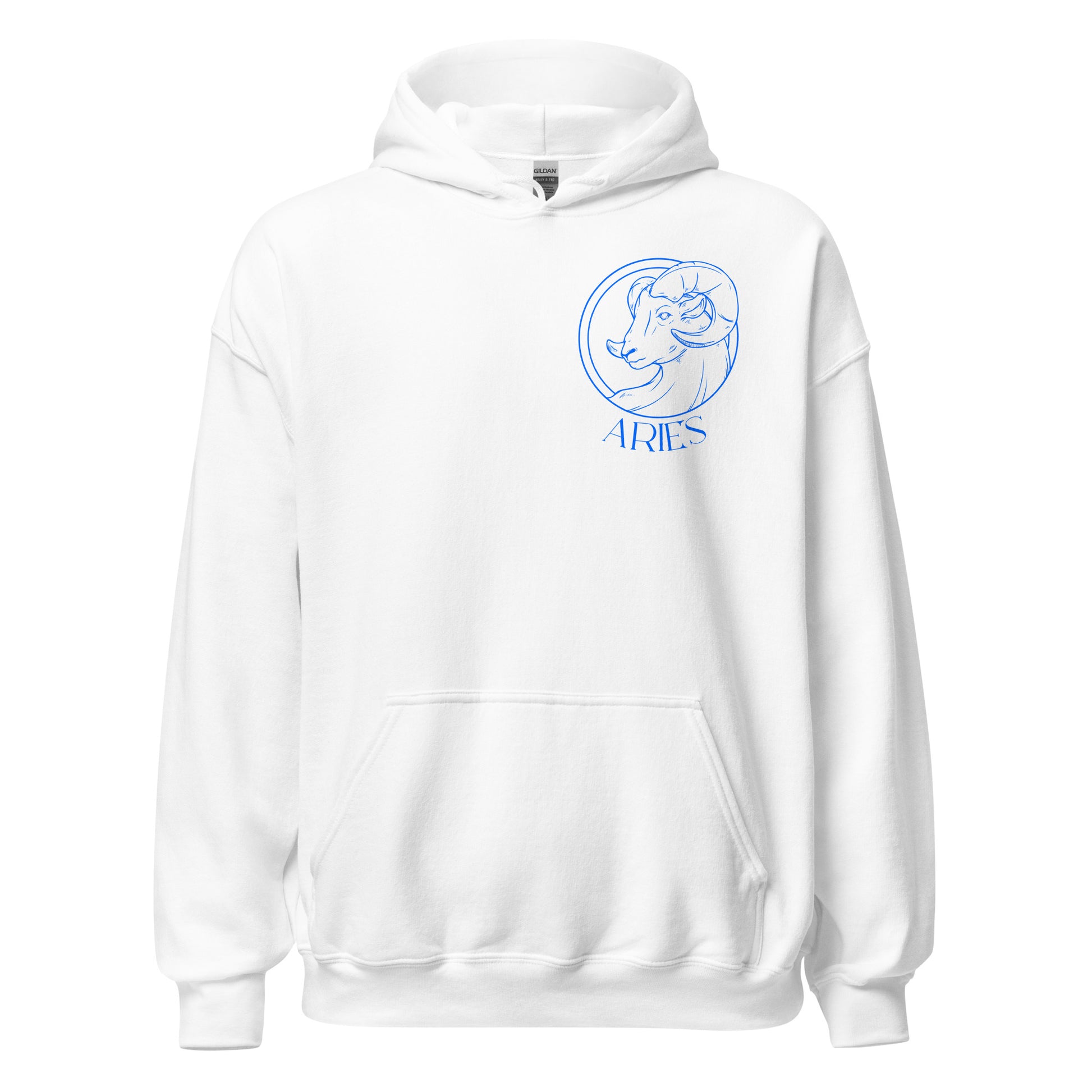 Front of white Aries hoodie with blue zodiac ram symbol and Aries text design.