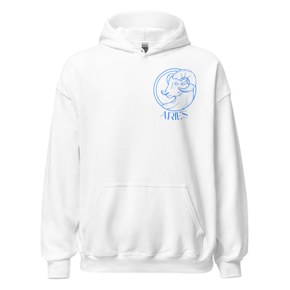 Front of white Aries hoodie with blue zodiac ram symbol and Aries text design.