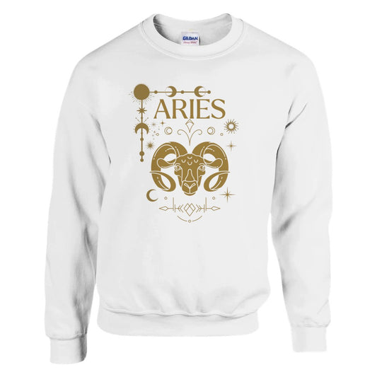 White Aries sweatshirt with brown Aries symbol, zodiac signs, and celestial details.