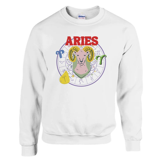 White Aries sweatshirt featuring colorful ram illustration with zodiac symbols and bold red 'Aries' text.