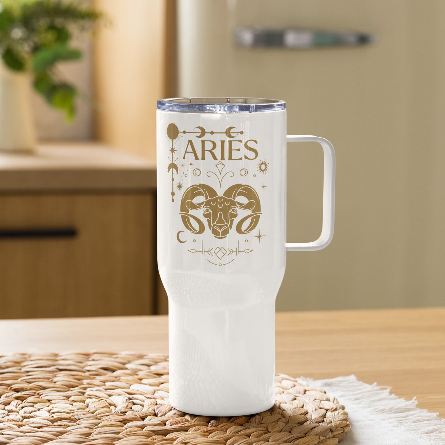 White Aries travel mug with brown zodiac design and celestial symbols.