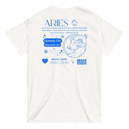 Back of white Aries t-shirt with blue  zodiac-themed design, featuring Aries symbol, Fire element, Mars ruling planet, and motivational text, retro inspired by the 2000s.