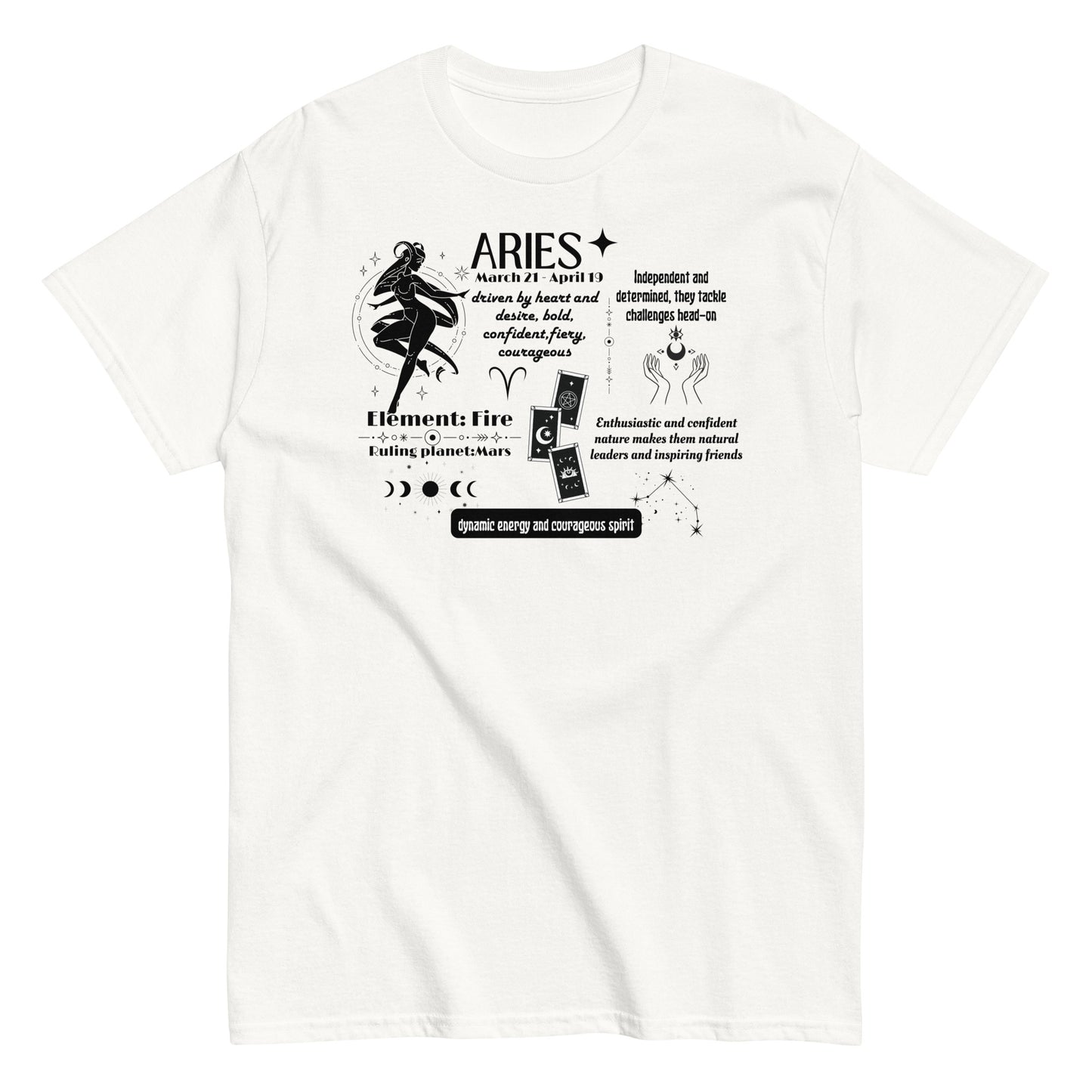 White Aries t-shirt with black zodiac-themed design, featuring Aries traits, Fire element, Mars ruling planet, and symbolic graphics.