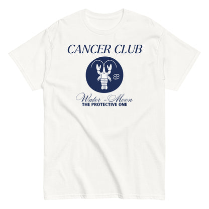 White t-shirt with a Cancer zodiac-themed design labeled 'Cancer Club.' The center features a blue lobster illustration with the words 'Water - Moon' and 'The Protective One' beneath, symbolizing the Cancer zodiac sign with its water element and association with the moon.