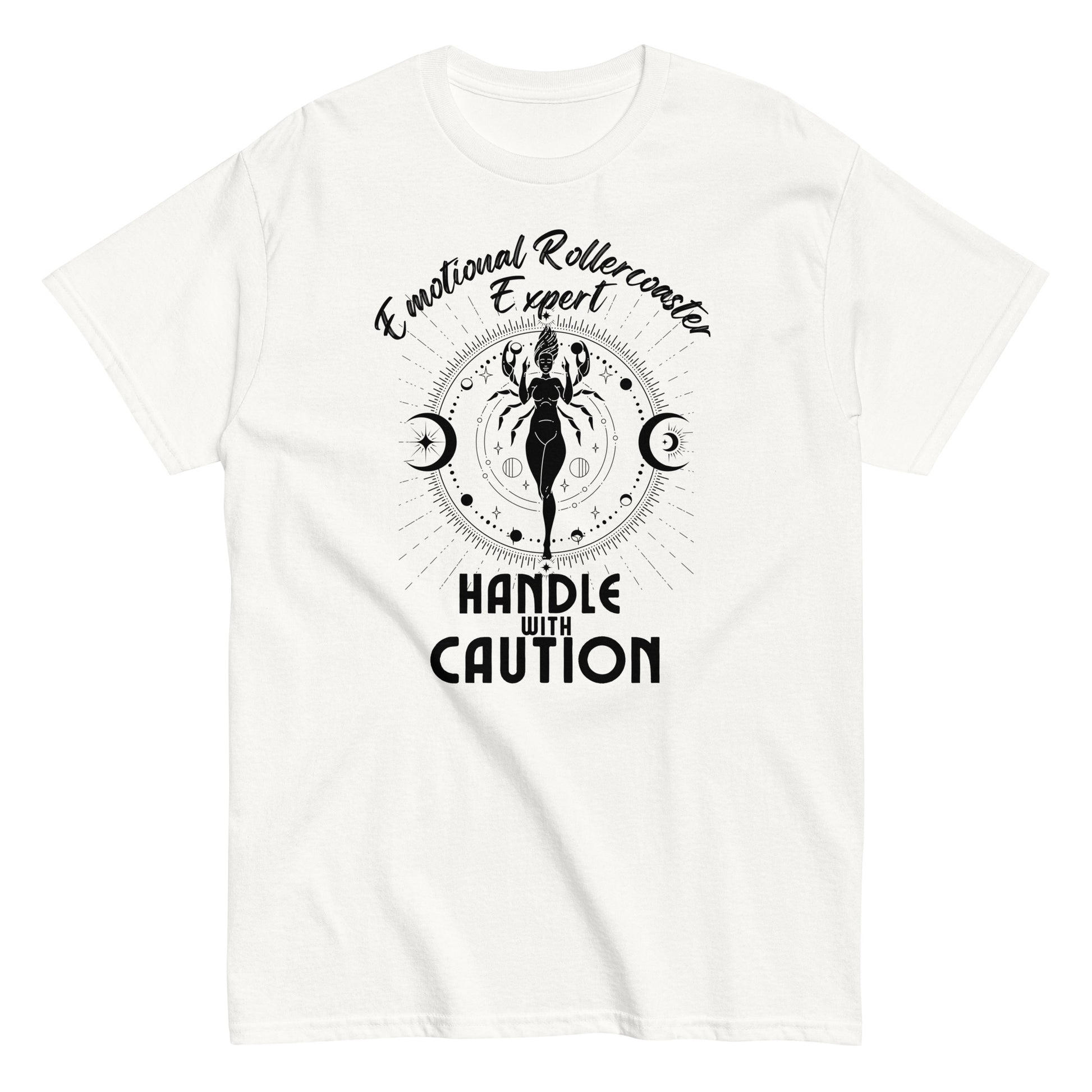 White t-shirt featuring a Cancer zodiac-themed design with the phrase 'Emotional Rollercoaster Expert' at the top and 'Handle With Caution' at the bottom. The central illustration displays a stylized figure in a mystical design surrounded by celestial symbols, including moons, against a radiant, detailed backdrop in black.