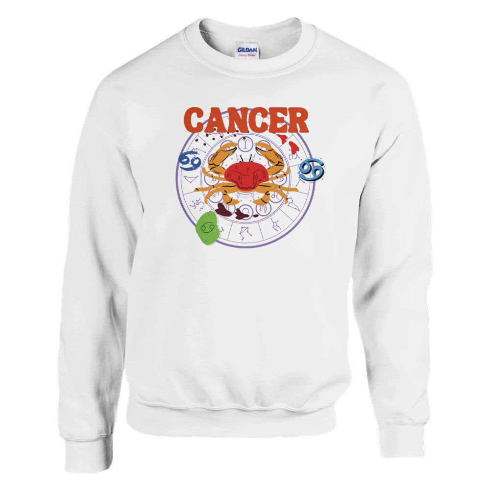 Front of white Cancer-themed sweatshirt with a colorful crab illustration and zodiac symbols in retro style.