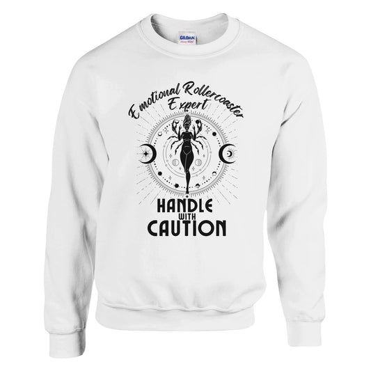 White cancer zodiac sweatshirt with 'Emotional Rollercoaster Expert' and 'Handle with Caution' text; design features Cancer symbol with celestial elements, showcasing a playful take on Cancer traits."