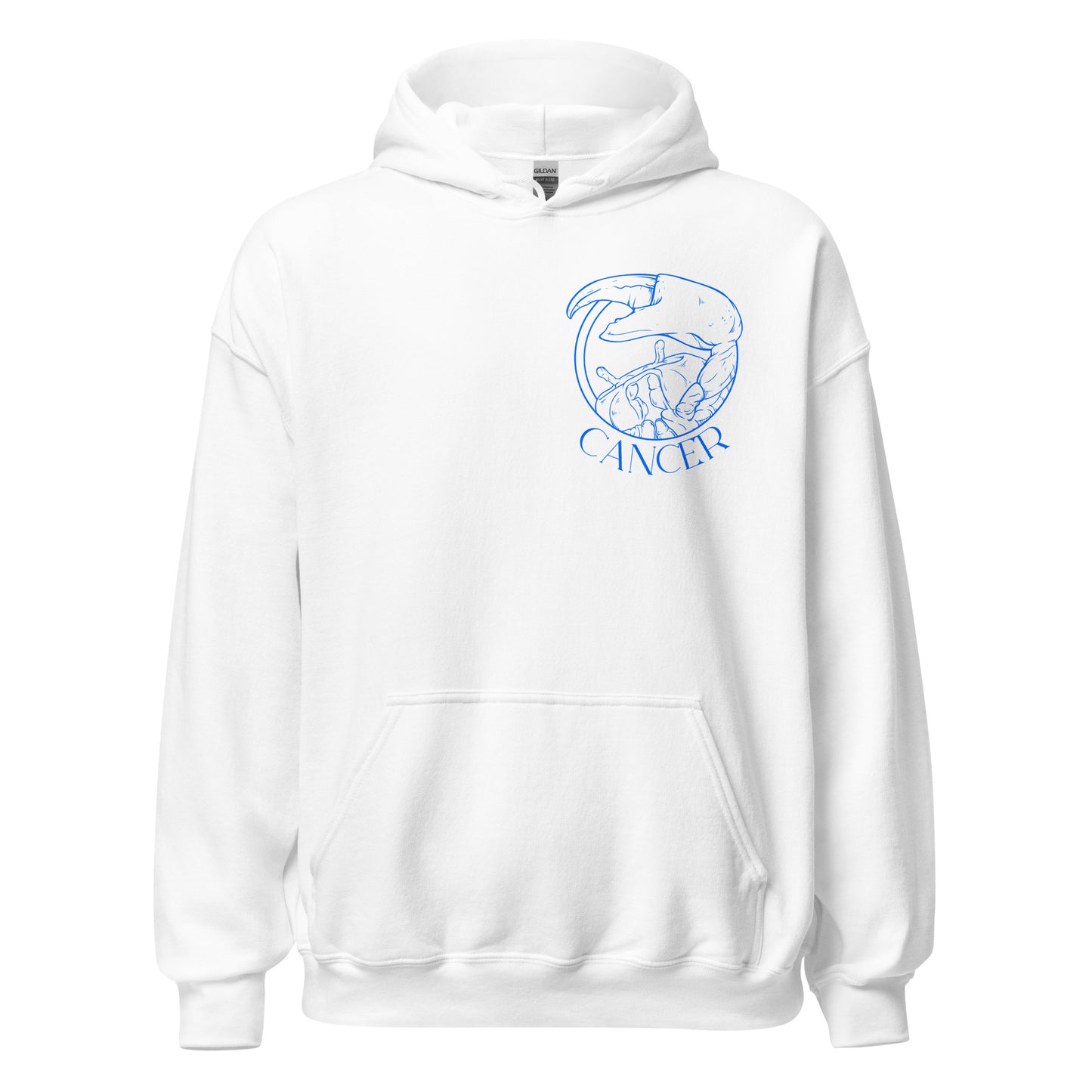 Front of white Cancer hoodie with blue minimalist Cancer zodiac symbol design.