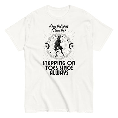 Front of white Capricorn-themed t-shirt with 'Ambitious Climber' text, illustration of Capricorn symbol, and phrase 'Stepping on Toes Since Always.