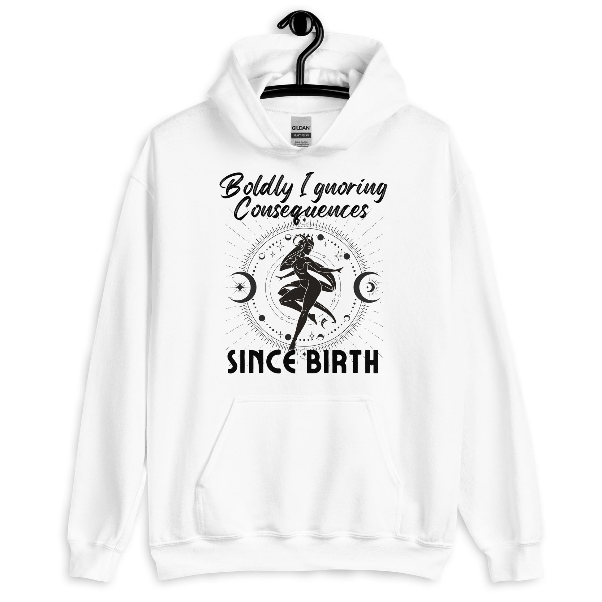 White hoodie with 'Boldly Ignoring Consequences Since Birth' text and celestial illustration.