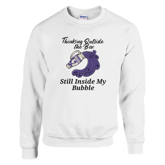 White sweatshirt with 'Thinking Outside the Box, Still Inside My Bubble' text and purple Aquarius-themed illustration.