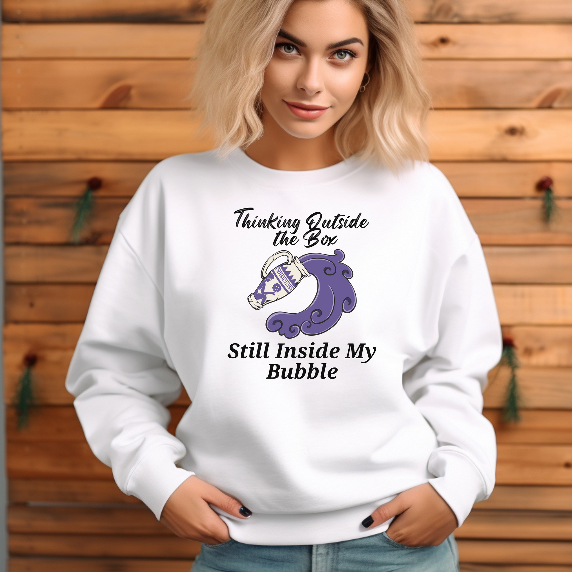 White sweatshirt with 'Thinking Outside the Box, Still Inside My Bubble' text and purple Aquarius-themed illustration.