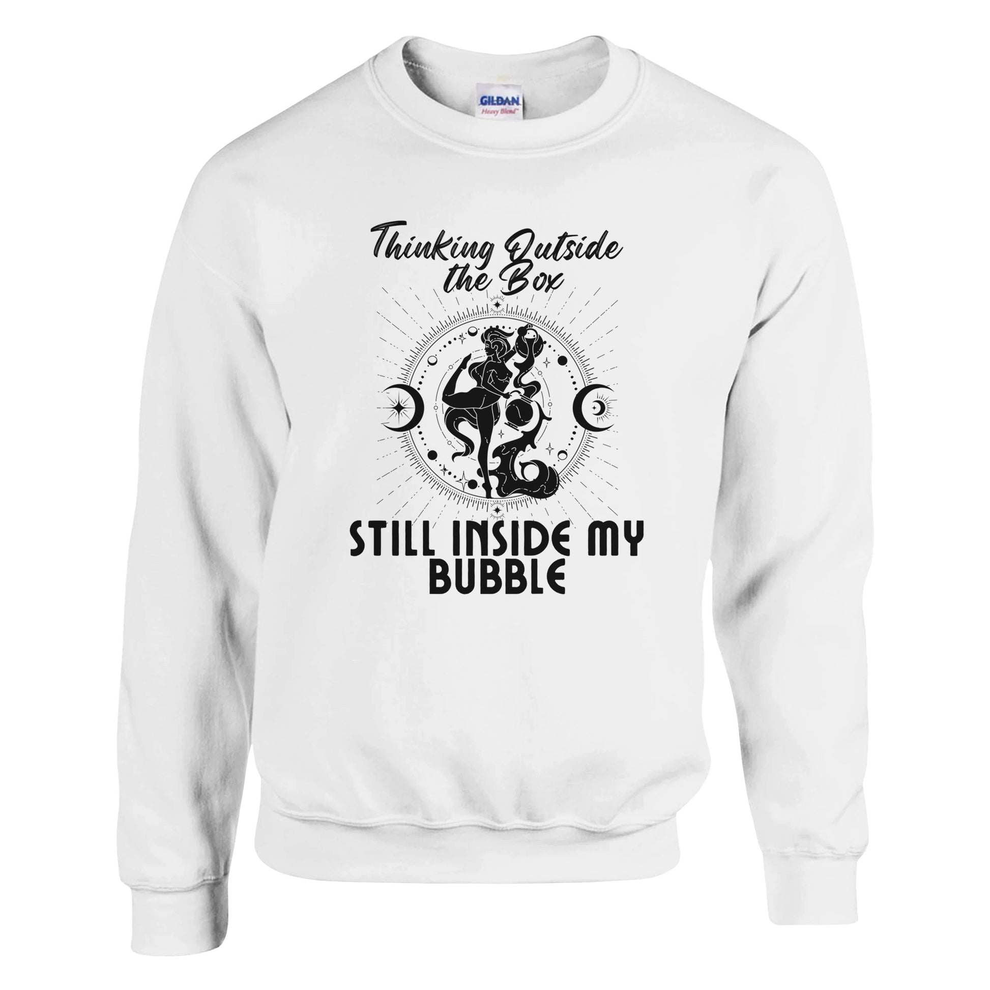 White sweatshirt with 'Thinking Outside the Box, Still Inside My Bubble' text and black celestial-themed illustration.